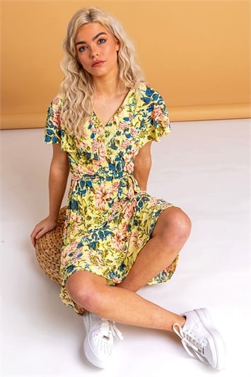 Yellow Floral Frill Sleeve Belted Dress, Image 1 of 5