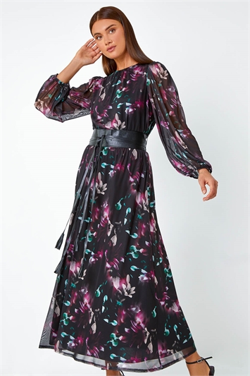 Black Floral Print Belted Midi Stretch Dress