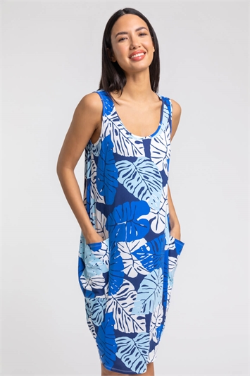 Blue Leaf Print Slouch Pocket Dress