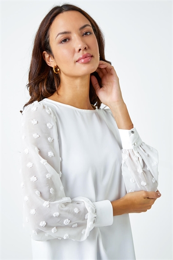 White Textured Spot Sleeve Top