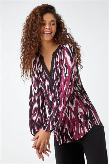 Red Abstract Print Placket Stretch Top