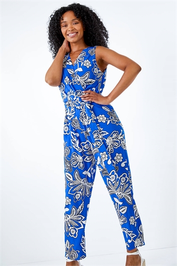 Blue Petite Wrap Front Belted Jumpsuit, Image 4 of 5