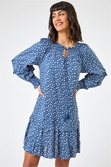 Blue Ditsy Floral Print Tunic Dress, Image 1 of 5