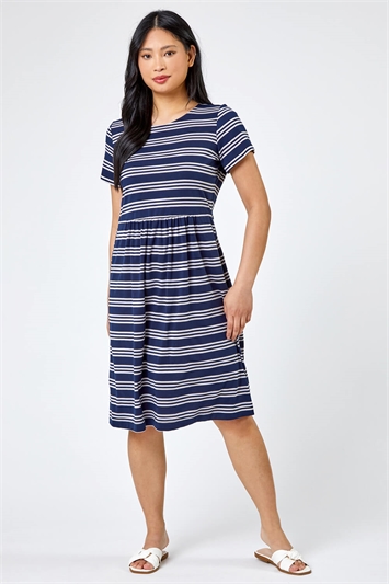 Navy Petite Stripe Print Skater Dress, Image 3 of 5