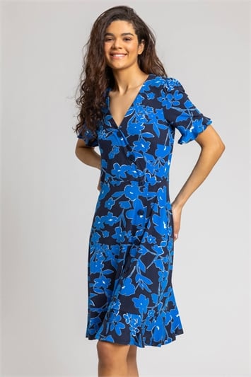 Royal Blue Floral Button Stretch Tea Dress