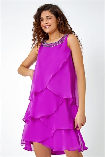 Purple Bead Embellished Tiered Chiffon Dress