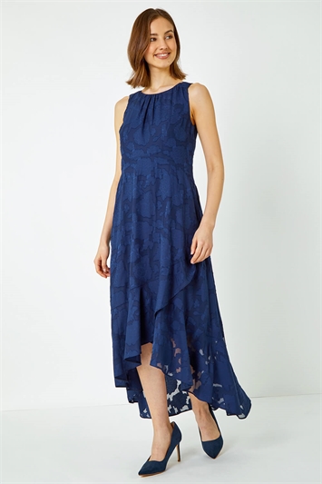 Blue Sleeveless Jacquard Dipped Hem Midi Dress