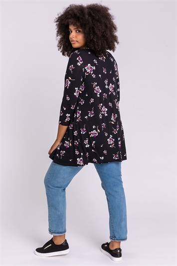 Black Curve Floral Print Tunic Top, Image 2 of 4