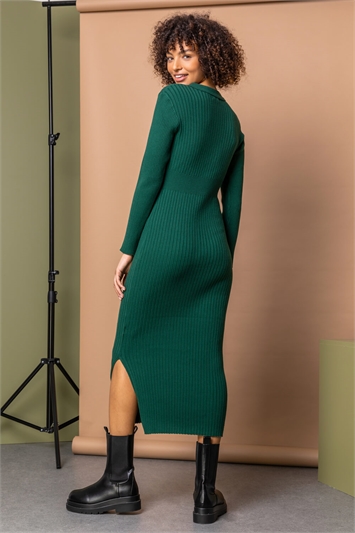 Dark Green Ribbed Knit Collar Midi Dress, Image 2 of 5
