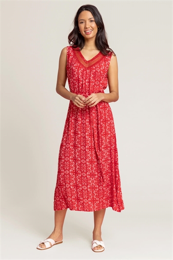 Red Geo Print Sequin Trim Midi Dress, Image 4 of 4
