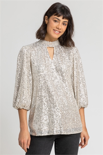 Silver Sequin Keyhole Neck Top