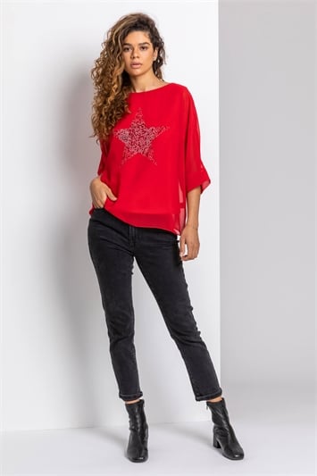 Red Star Embellished Chiffon Top