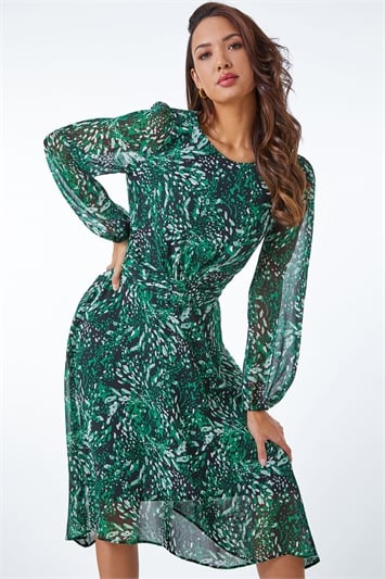 Green Floral Print Belted Midi Dress