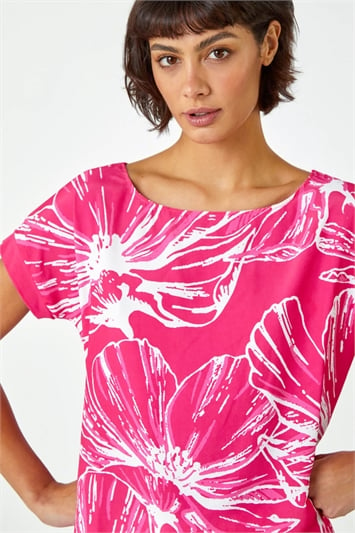 Pink Linear Floral Print Stretch T-Shirt
