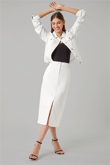 White Cotton Blend Denim Stretch Midi Skirt