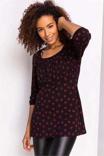 Red Floral Print 3/4 Sleeve Jersey Top