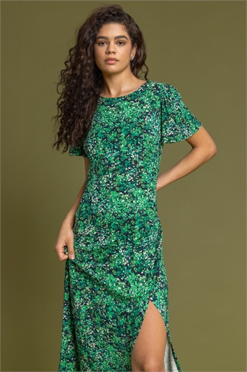 Green Floral Print Side Split Dress