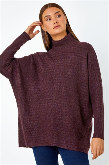 Purple Cable Knit Roll Neck Stretch Longline Jumper