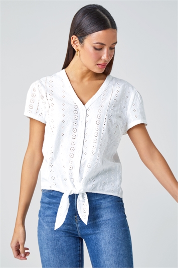 White Tie Front Cotton Broderie V-Neck T-Shirt