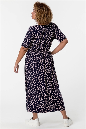 Navy Curve Ditsy Floral Print Midi Dress, Image 2 of 5