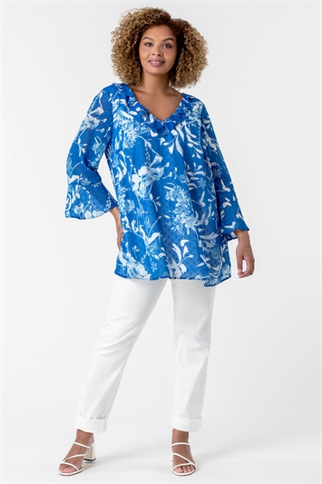 Royal Blue Curve Textured Spot Frill Detail Top, Image 1 of 5