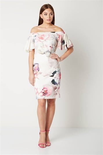 Floral Print Bardot Dress in Ivory - Roman Originals UK