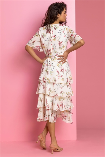 Cream Floral Print Tiered Frill Midi Dress, Image 2 of 5