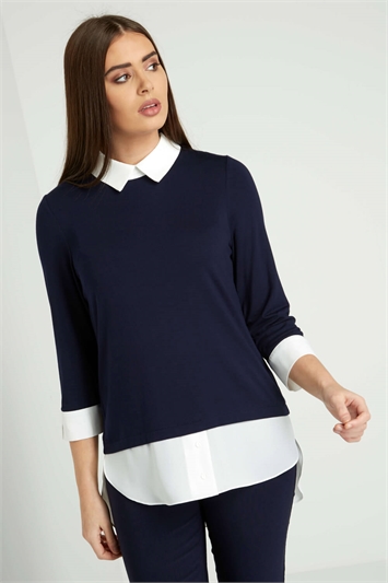 Contrast Collar Layered Shirt Top in Navy