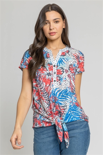 Red Tropical Contrast Print Tie Top, Image 1 of 4