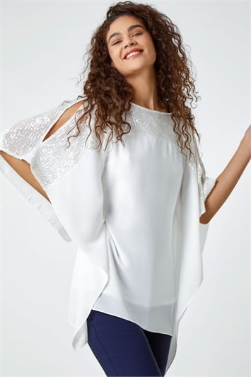 White Sequin Embellished Chiffon Overlay Top