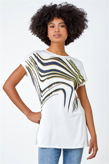 White Abstract Foil Print Tunic T-Shirt