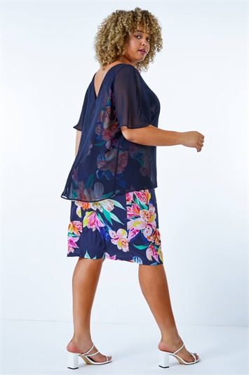 Navy Curve Chiffon Overlay Floral Dress, Image 3 of 5