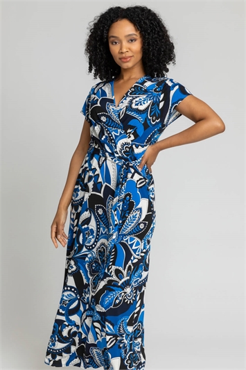 Blue Petite Paisley Print Tie Waist Maxi Dress