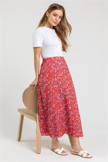 Red Petite Ditsy Floral A-Line Skirt