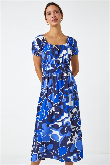 Blue Floral Print Puff Sleeve Midi Dress