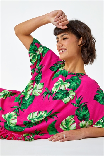 Multi Palm Print Frill Detail Oversized Top