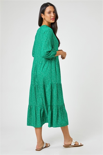 Green Spot Print Tiered Button Midi Dress, Image 2 of 5