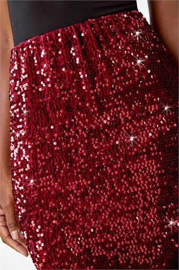 Red Sequin Embellished Velour Stretch Skirt