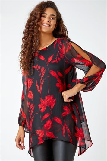 Red Floral Chiffon Layered Tunic Top