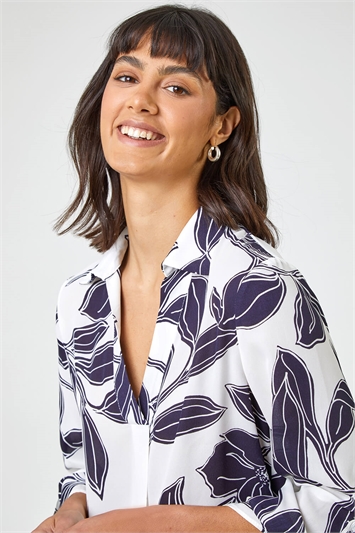 Navy Linear Floral Print Overshirt, Image 5 of 5