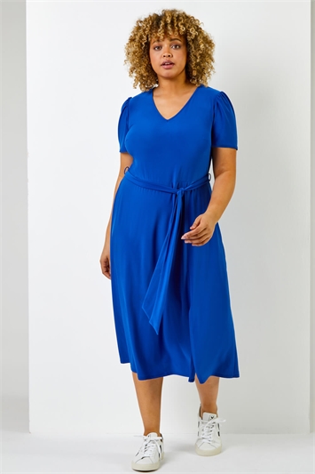 Royal Blue Curve Plain Fit And Flare Midi Dress, Image 3 of 5