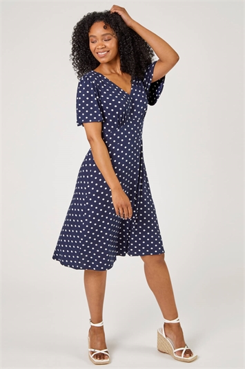 Navy Petite Spot Print Stretch Jersey Dress , Image 3 of 4