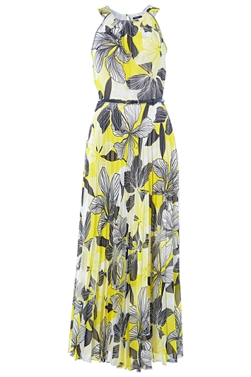 Floral Halter Neck Pleated Maxi Dress In Yellow - Roman Originals Uk