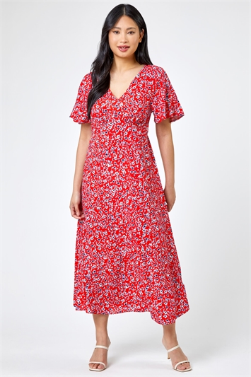 Red Petite Floral Print Flute Sleeve Dress
