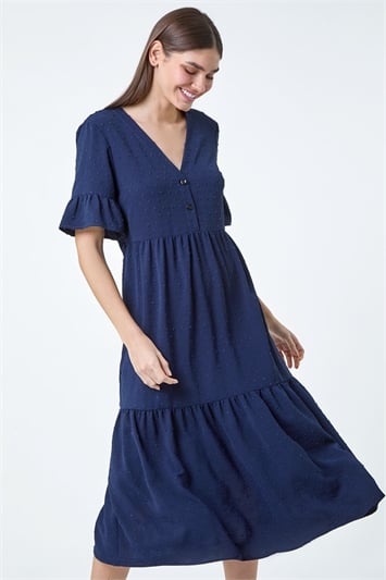 Blue Textured Spot Frill Tiered Midi Dress