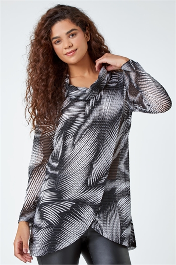 Black Abstract Print Cowl Neck Stretch Top