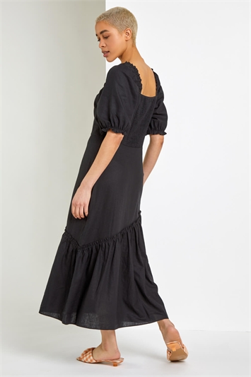 Black Square Neck Asymmetric Tiered Midi Dress, Image 2 of 5