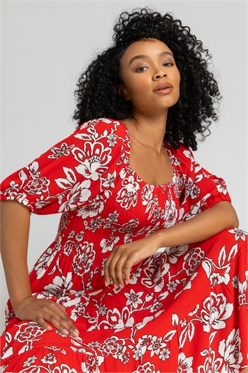 Red Petite Floral Print Shirred Bodice Maxi Dress, Image 5 of 5