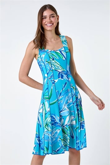 Blue Leaf Print Stretch Panel Dress