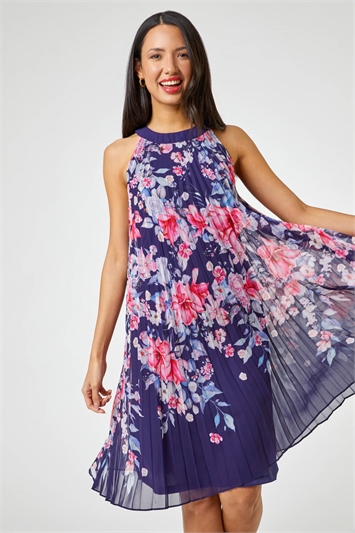 Navy High Neck Floral Print Pleated Swing Dress, Image 4 of 5